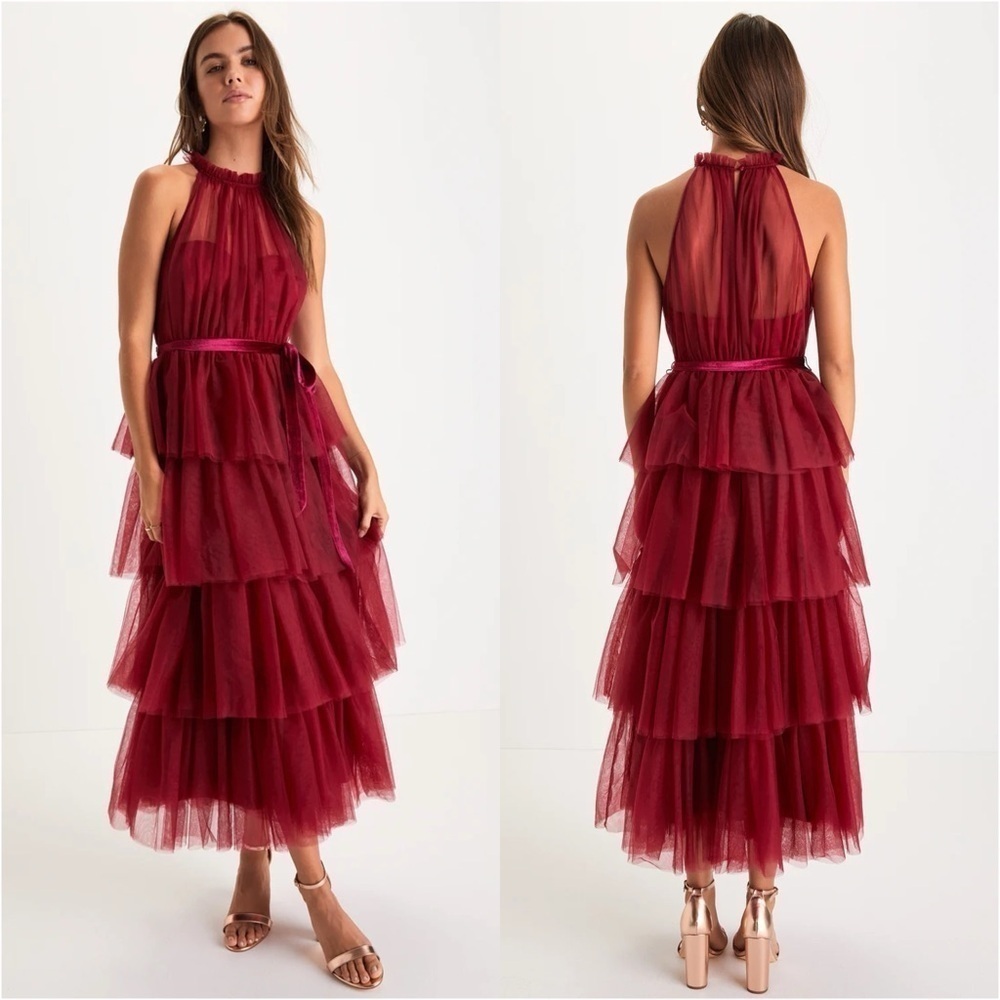 LULU’S Wondrous Glamour Wine Red Tulle Tiered Halter Midi Dress